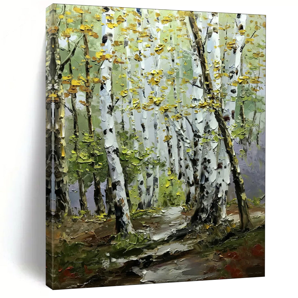 “Golden - Hued Birch Forest Path” – Impasto Landscape Oil CT2093