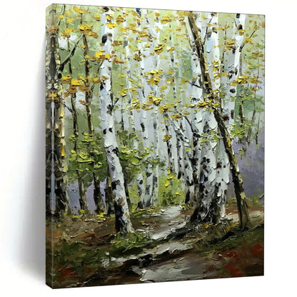 “Golden - Hued Birch Forest Path” – Impasto Landscape Oil CT2093