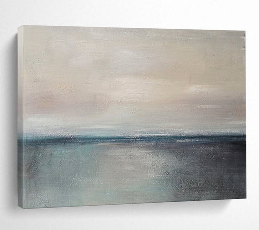 “Gray, Blue, Minimalist ‘Calm Horizon’” - Abstract Seascape Painting On Canvas DLZ017