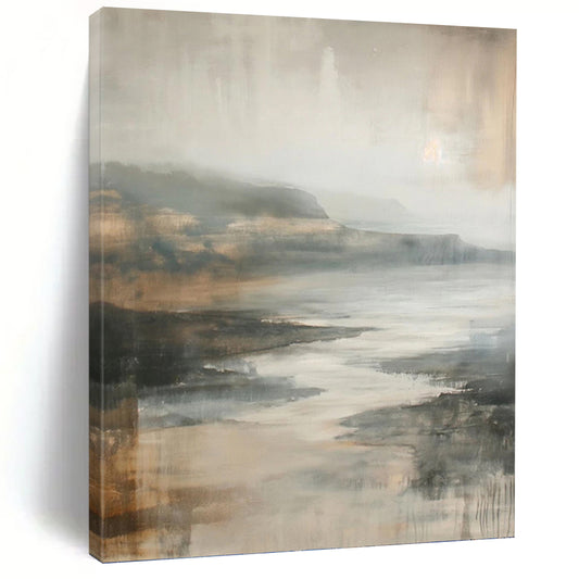 “Muted Tonal Landscape” - Gray, Brown & Beige Impressionistic Seaside Painting On Canvas DKH1001
