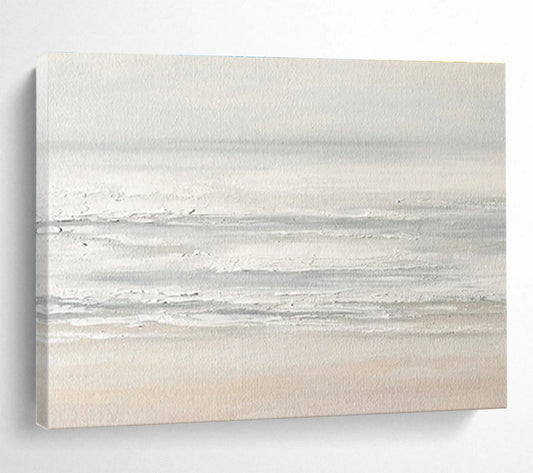 “Minimalist Seaside”：Subtle Gray White Coastal Painting On Canvas DKH258