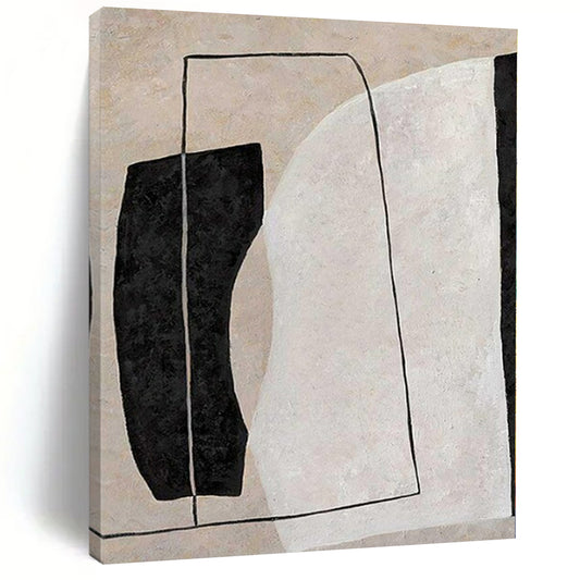 “Beige, Black, and White Geometric Composition” – Minimalist Geometric Painting（Variation） CT1123