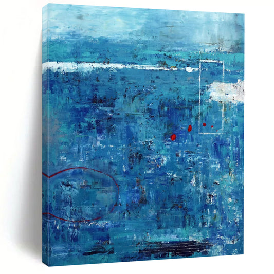 “Oceanic Abstract - Blues, Reds, and Textured Layers” Painting On Canvas CT2389