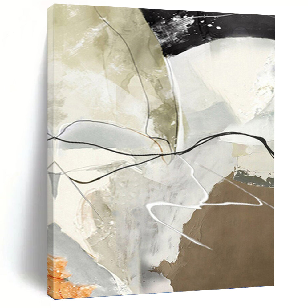 “Neutral & Black Abstract Lines” - Beige, Gray, Black & White Abstract Painting On Canvas DKH1225