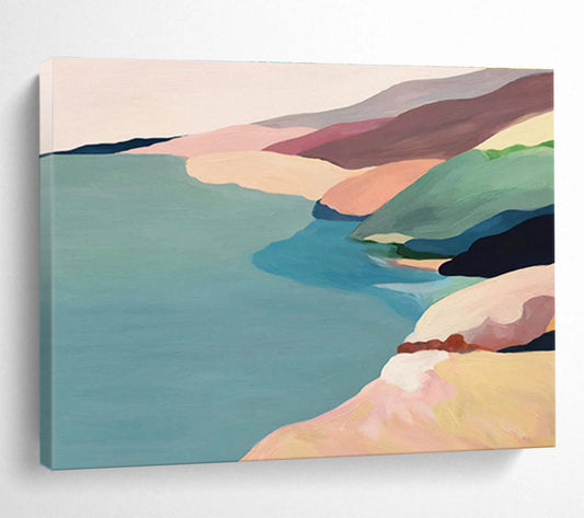“Pastel Coastal Ridges” - Soft Pink, Blue, Green Minimalist Landscape Painting On Canvas DKH741