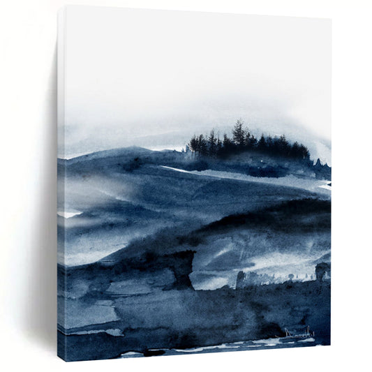 “Blue Watercolor Landscape” - Blue, White Abstract Landscape Painting On Canvas DTP230