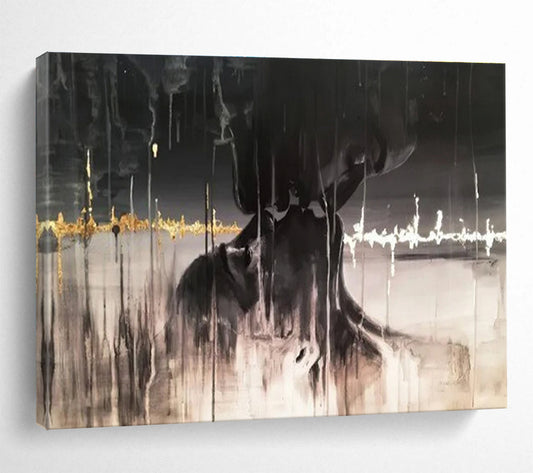 Dark Abstract Figure - Black, White & Gold Figurative Painting On Canvas DKH900