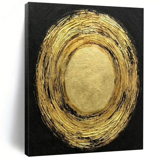 “Gold & Black Textured Circles” - Abstract Painting On Canvas CT2330