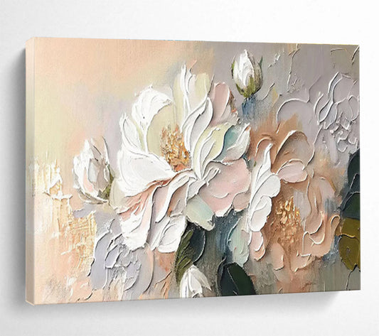 “Soft Blossom Touch” - White, Pink, Beige Textured Floral Impasto Painting On Canvas DKH713