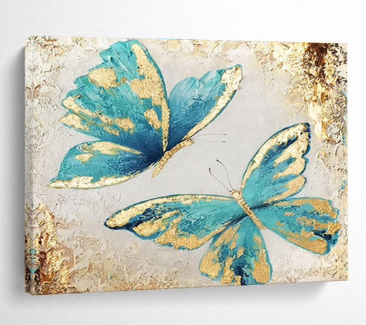 “Teal & Gold Butterflies” - Blue, Gold, White Impasto Insect Painting On Canvas DKH734