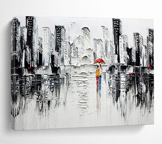 Monochrome City Stroll - Gray, White & Red Urban Painting On Canvas DKH895