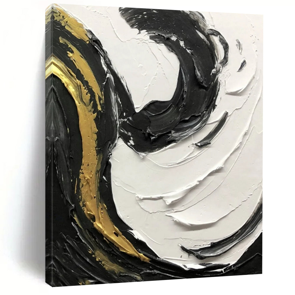 “Black, White, Gold Swirl ‘Elegant Dynamism’” - Impasto Abstract Painting On Canvas DTP381
