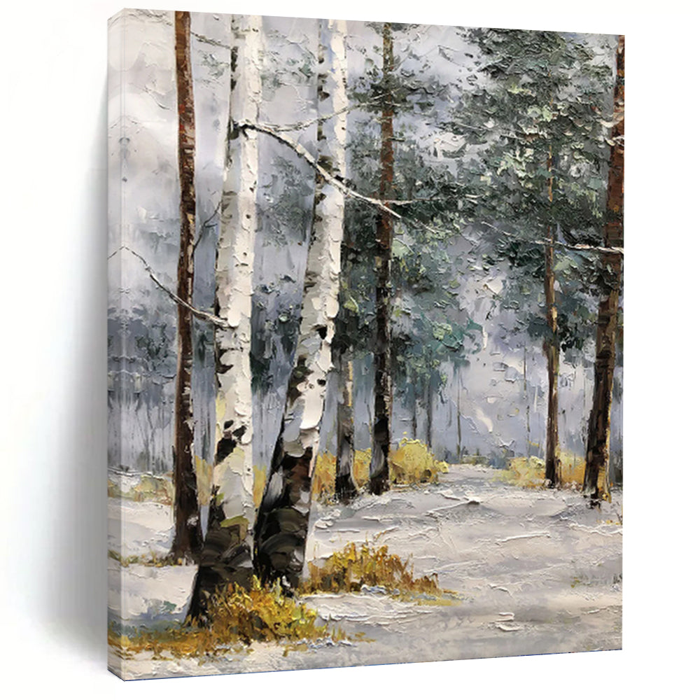 Frosty Forest Path in Cool Tones - Winter Landscape Painting On Canvas DKH1283
