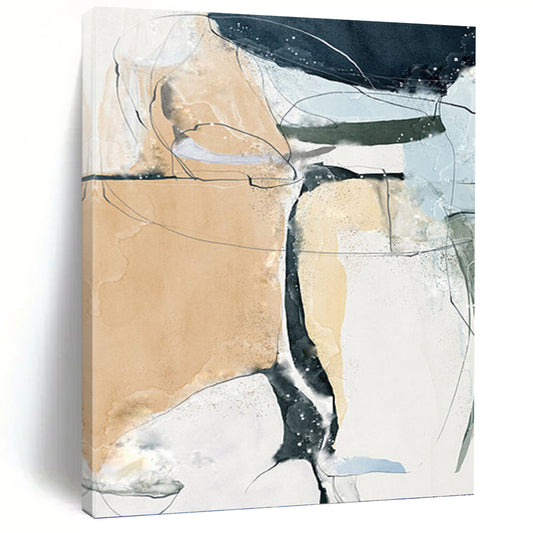“Fluid Connections” - Beige, Blue, Black & White Abstract Lines Painting On Canvas DKH1523