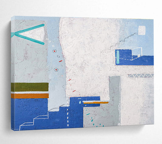 Color - Blocked Geometry with Blue, White, and Earth Tones, Abstract Cityscape Painting On Canvas DKH571