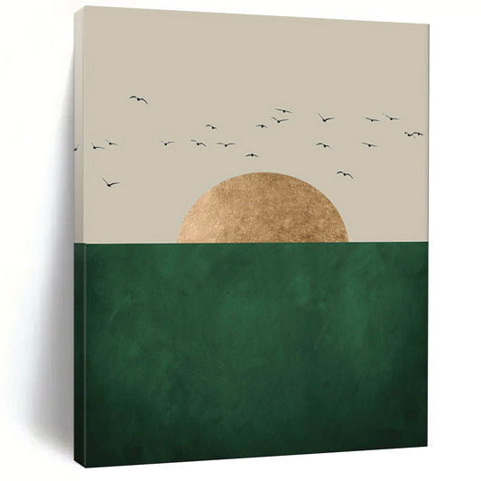Golden Sun Green Horizon Black Birds Minimalist Nature Inspired Art CT1921