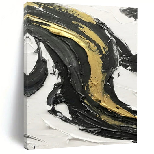 “Black, White, Gold Textured Swirls ‘Luxury Motion’” - Impasto Abstract Painting On Canvas DTP379