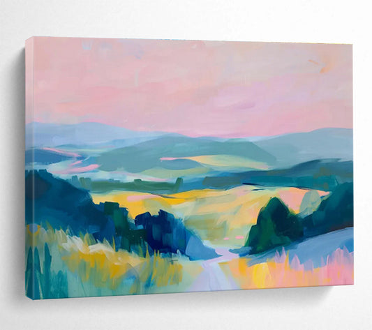 Vibrant Valley Vista Pink Blue Green Landscape Painting On Canvas DKH210