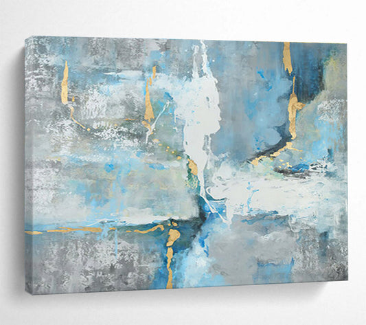 “Blue & Gold Abstract Flow” - Blue, Gray, Gold Abstract Expressionist Painting On Canvas DKH756
