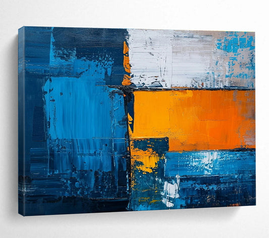 Bold Blue and Orange Geometric Abstract Painting On Canvas DKH273