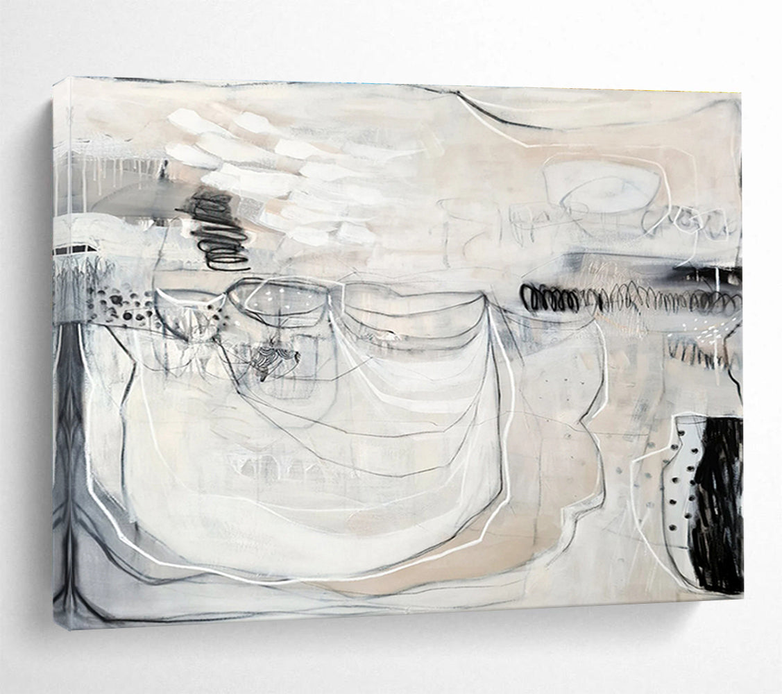 Monochrome Abstract with Linear Details “Ethereal Monochrome” Painting On Canvas DKH074