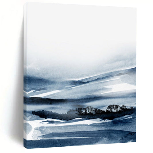 “Blue - White Ink Landscape” - Blue, White Abstract Landscape Painting On Canvas DTP231