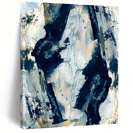 “Blue and Gold Abstract Forms” - Blue, Gold, White Abstract Painting On Canvas DTP244