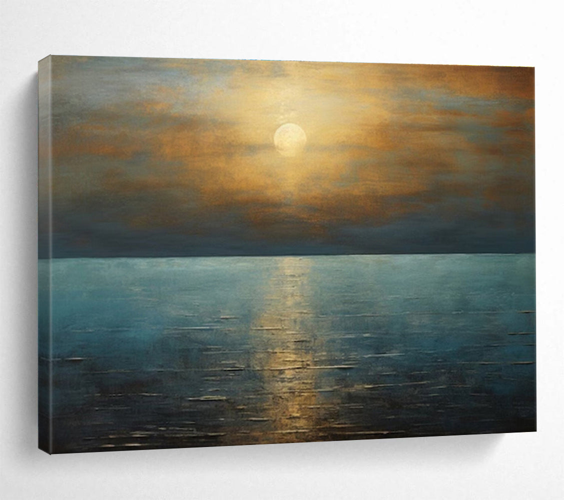 Golden Sunset and Blue Ocean “Serene Solar Reflections” Painting On Canvas DKH102