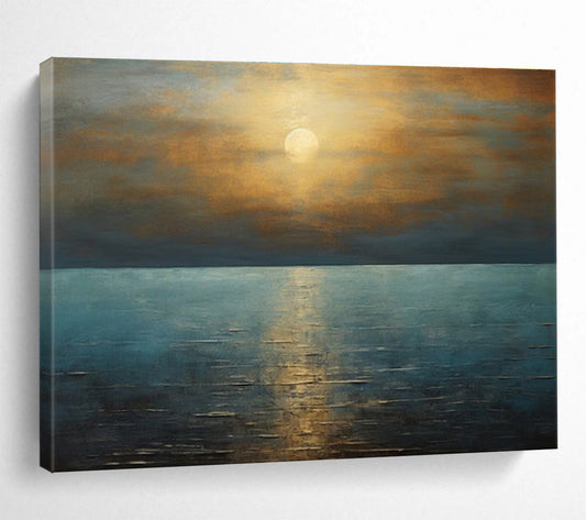 Golden Sunset and Blue Ocean “Serene Solar Reflections” Painting On Canvas DKH102