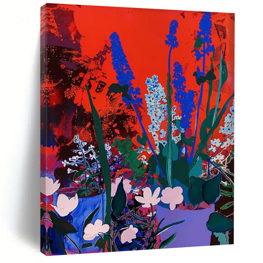 “Blue Flowers on Red” - Pop Art - Inspired Floral Painting On Canvas DTP100
