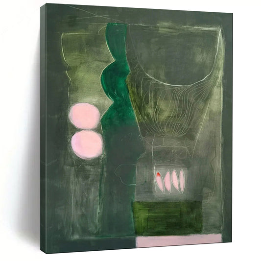 Green, Grey, Pink Accents - "Mystic Stillness" - Abstract Surrealist Painting CT1846