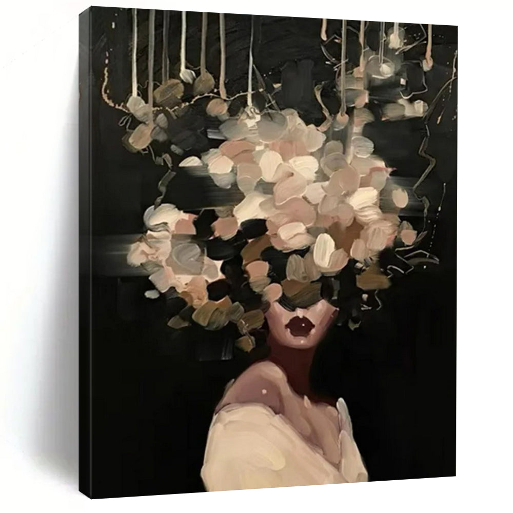 “Black, Beige, White Floral Head ‘Mystic Blooms’” - Figurative Flower Painting On Canvas DTP326
