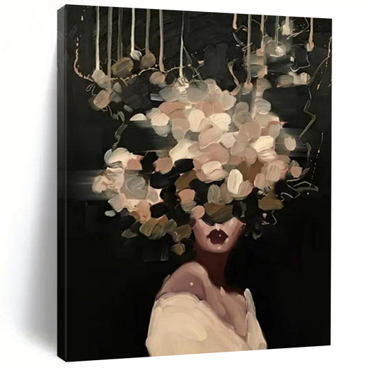 “Black, Beige, White Floral Head ‘Mystic Blooms’” - Figurative Flower Painting On Canvas DTP326