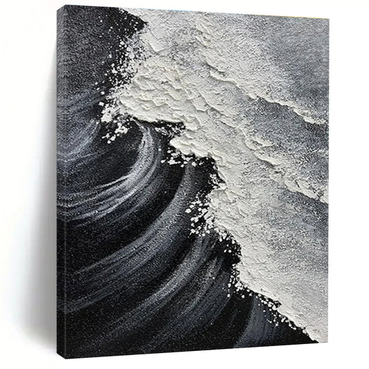 Black, White & Grey, Dynamic Wave - "Sea Rage" - Textured Abstract Acrylic Painting CT1484