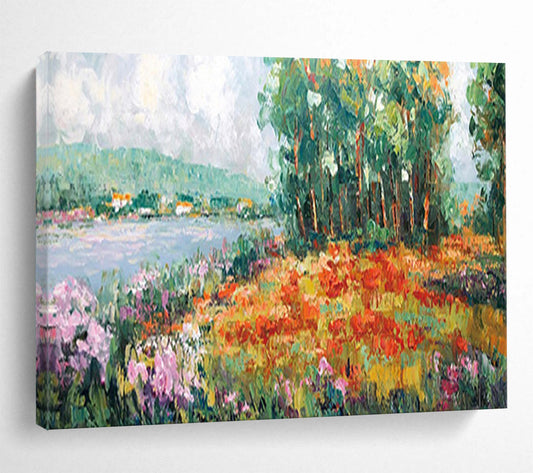 Colorful Riverbank Flowers - Impressionist Landscape Painting On Canvas DLZ228