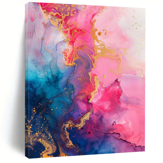 “Pink - Blue Gold Swirl” - Pink, Blue, Gold Fluid Abstract Painting On Canvas DTP286
