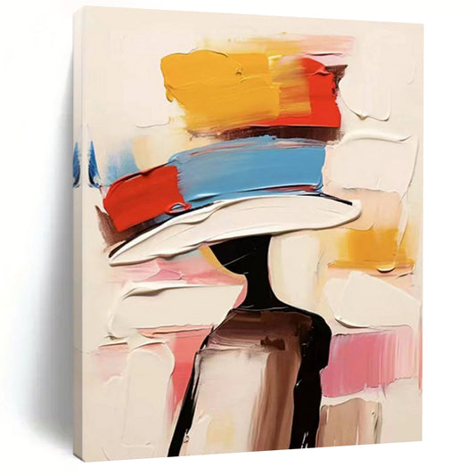 “Colorful, Abstract Hat ‘Fashionable Silhouette’” - Impasto Figurative Painting On Canvas DTP324