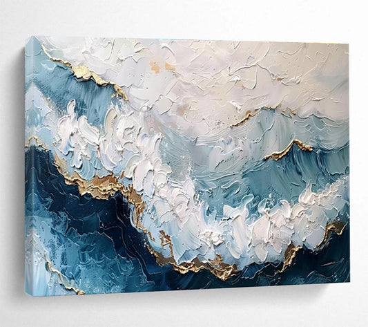 “Blue, White & Gold Textured Waves” Impasto Seascape Painting On Canvas DKH347