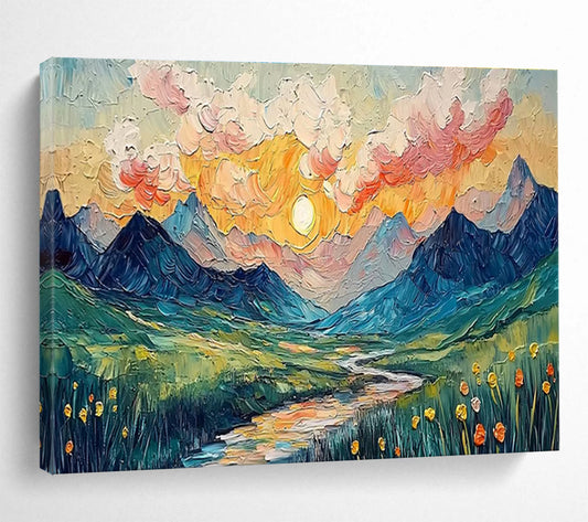 “Impasto Mountain Sunset” - Textured Landscape Painting On Canvas DKH856