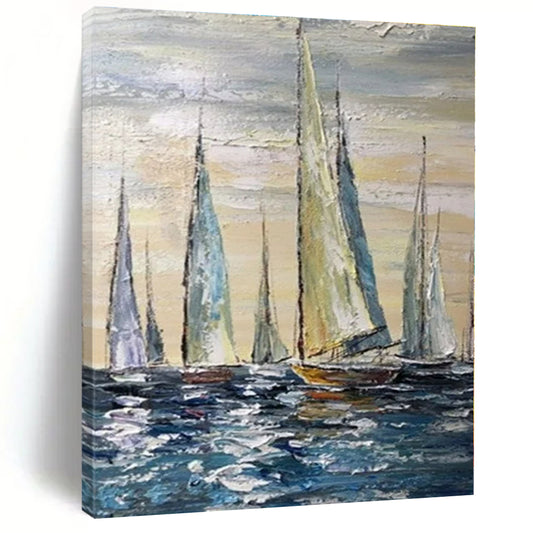 Colorful Sailboats on Blue Sea - Impressionist Oil On Canvas CT1302