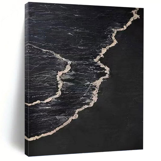 “Black & White Wave Contrast” - Black & White Minimalist Seascape Painting On Canvas DKH0959