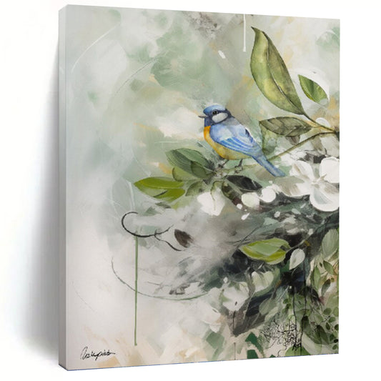 “Blue and Yellow Bird on a Branch” - Nature - Inspired Watercolor Painting On Canvas DKH1085