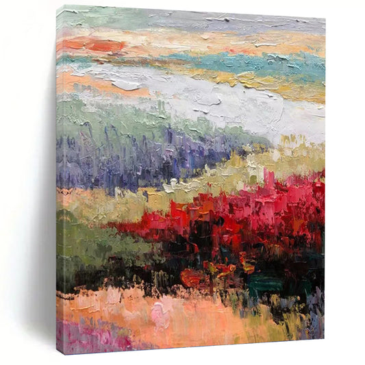 Impressionistic Landscape with Red Blossoms - Landscape Impasto Painting On Canvas DKH1273
