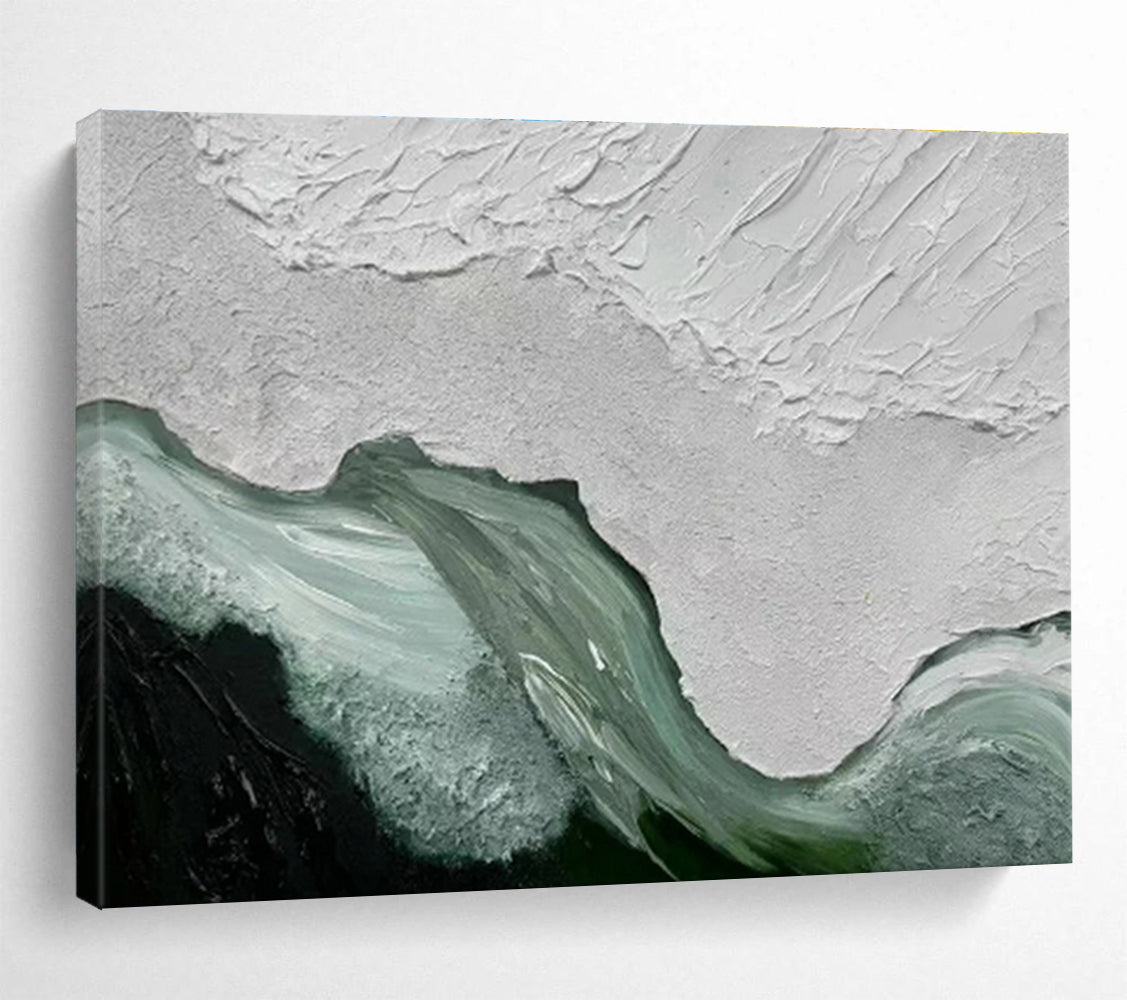 “Textured White & Teal Waves” - White, Teal, Green Impasto Abstract Painting On Canvas DKH744