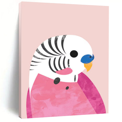 “Pink - Themed Parakeet” - Pink, White, Blue, Yellow Illustration - Style Painting On Canvas DTP227