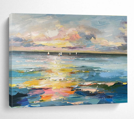Colorful Sunset, Ocean, and Sailboats “Sailors’ Dusk Delight” Painting On Canvas DKH115