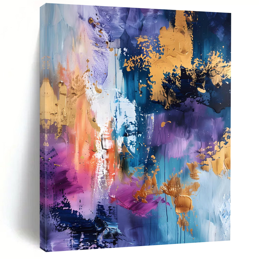 “Purple - Blue Gold Splatter” - Purple, Blue, Gold Abstract Splatter Painting On Canvas DTP282