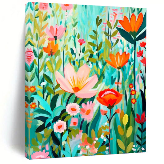 “Flat - Style Floral Field” - Colorful Flat - Design Floral Field Painting On Canvas DKH1595