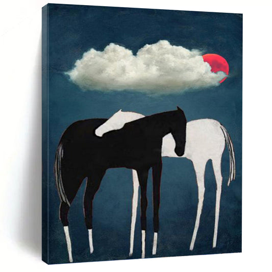 Black and White Horses Under Red Moon and Cloud - Equine Painting On Canvas DKH1418