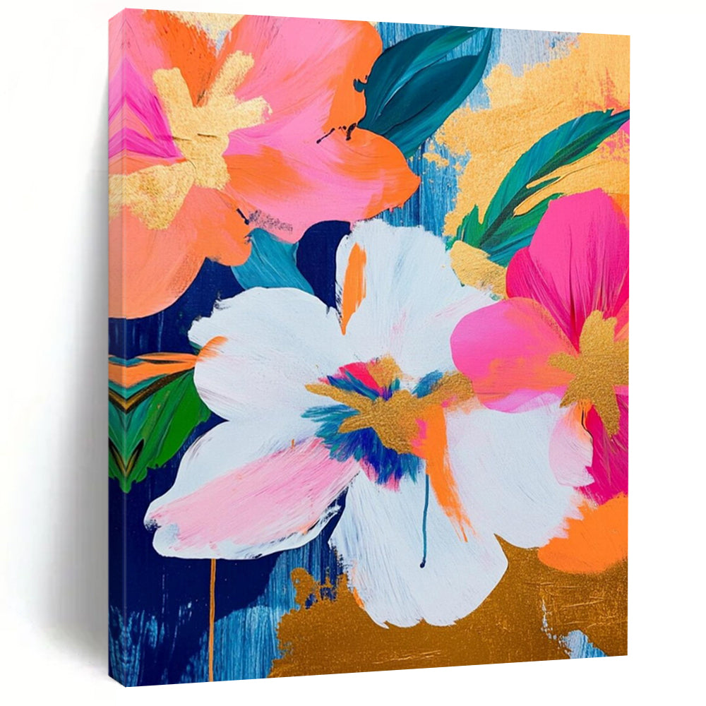 “Pink - Orange Gold Florals” - Pink, Orange, Gold Floral Bouquet Painting On Canvas DTP284